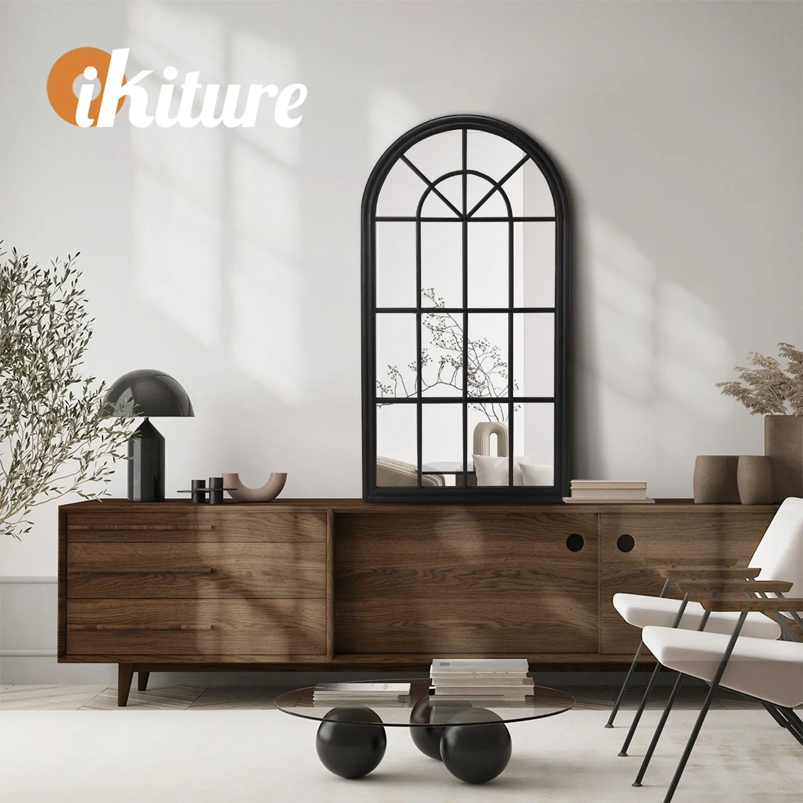 Oikiture Window Mirror Arched Wall Mirrors Decor 76x51cm Wooden Black