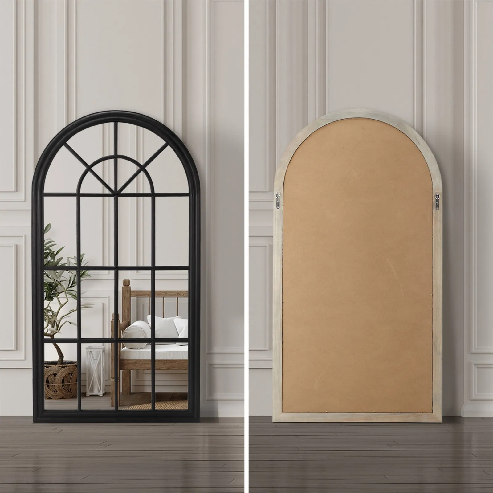 Oikiture Window Mirror Arched Wall Mirrors Decor 76x51cm Wooden Black