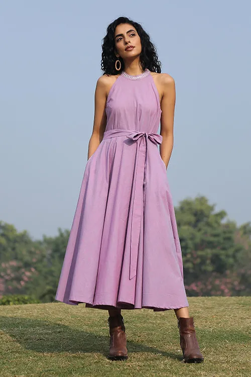 Okhai 'Lavender Pearl' Mirror Work Halter Neck Dress
