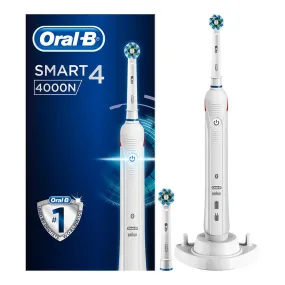 Oral-B Smart 4 4000N CrossAction Electric Toothbrush Rechargeable Powered By Braun, 1 App Connected Handle, 3 Modes with Whitening and Sensitive, Pressure Sensor, 2 Toothbrush Heads, 2 Pin UK Plug
