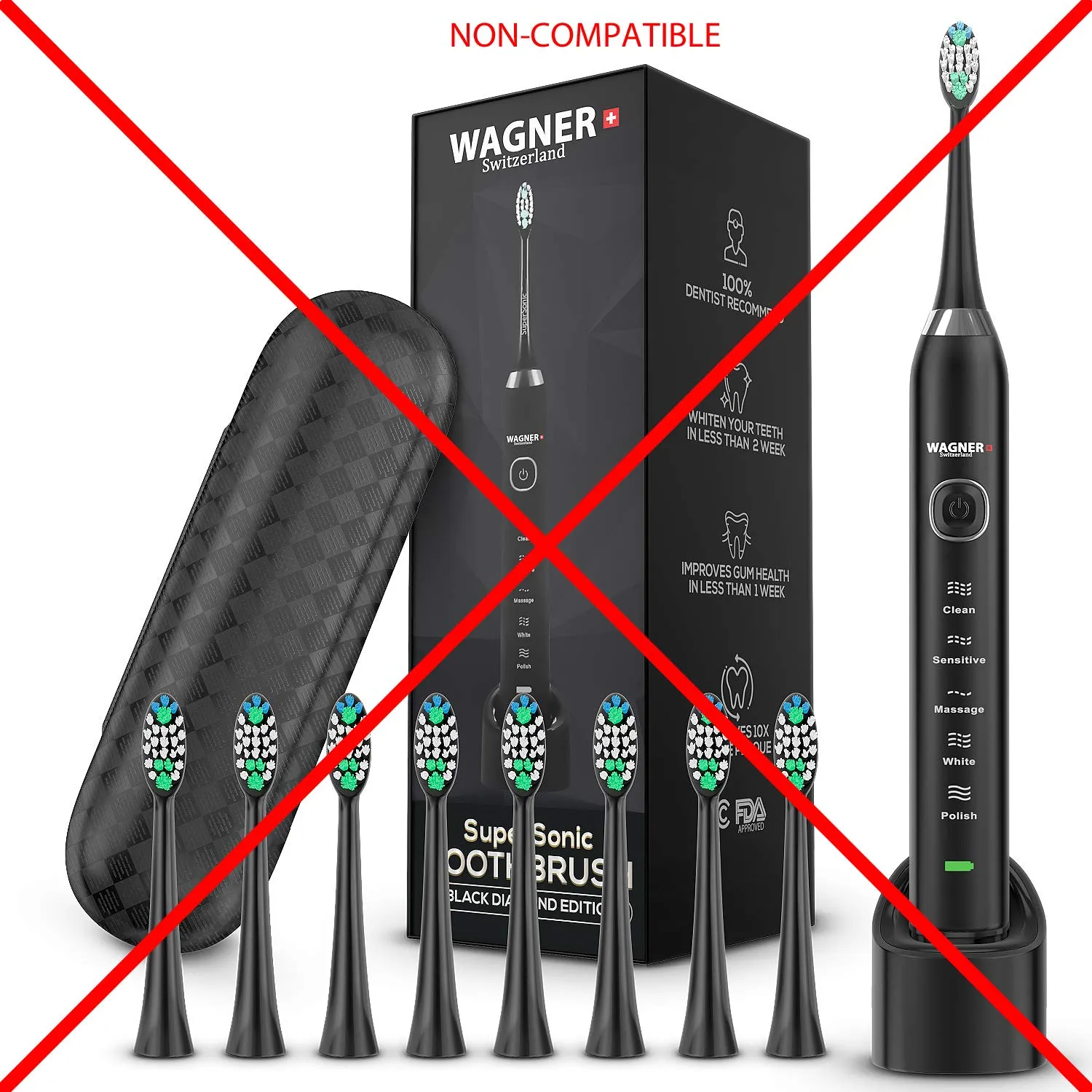 Replacement Toothbrush Brush Heads for Wagner & Stern and Wagner Switzerland toothbrushes.Whiten  Edition, WT8800 Series and Duette series only. (Black)