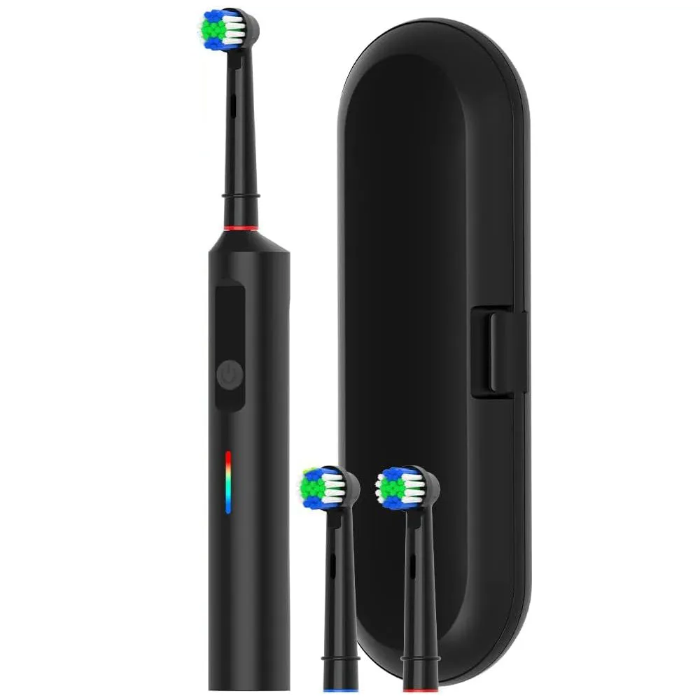 Rotary Electric Toothbrush 3 Modes Ultrasonic Toothbrush with Travel Case and 2 Replacement Brush Heads Black