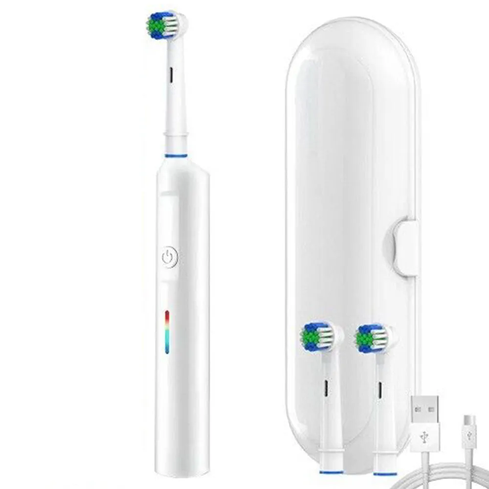 Rotary Electric Toothbrush 3 Modes Ultrasonic Toothbrush with Travel Case and 2 Replacement Brush Heads White