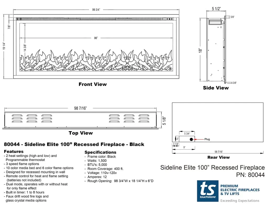 Sideline Elite 100 Inch Recessed Smart Electric Fireplace 80044