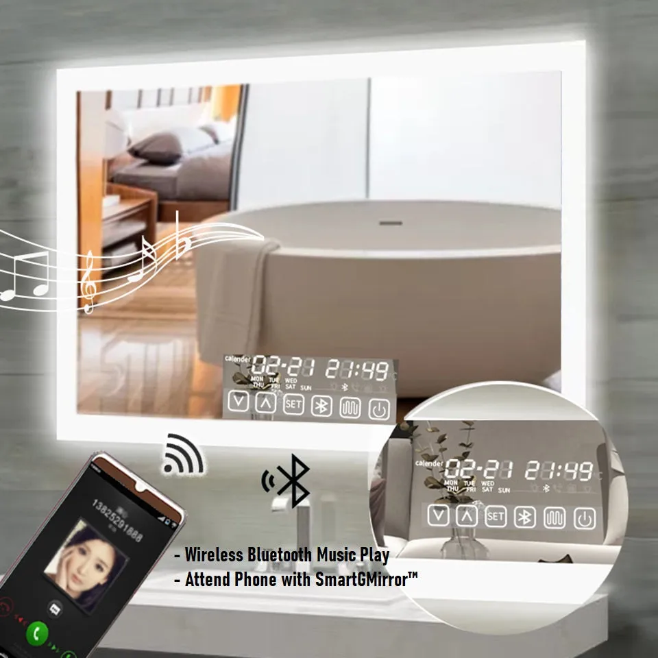 Smart LED Illuminated Backlit Lighted Anti-Fog Bathroom Mirror with Touch, Bluetooth Music and Phone - SmartGMirror™ Technology