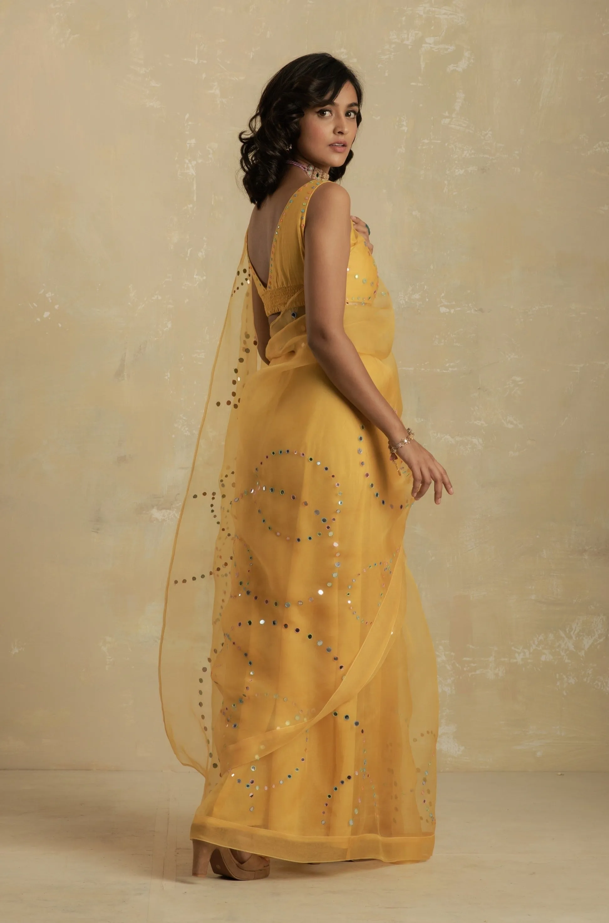Sunflower Yellow Organza Saree with smocking sleeveless blouse - Set of 2