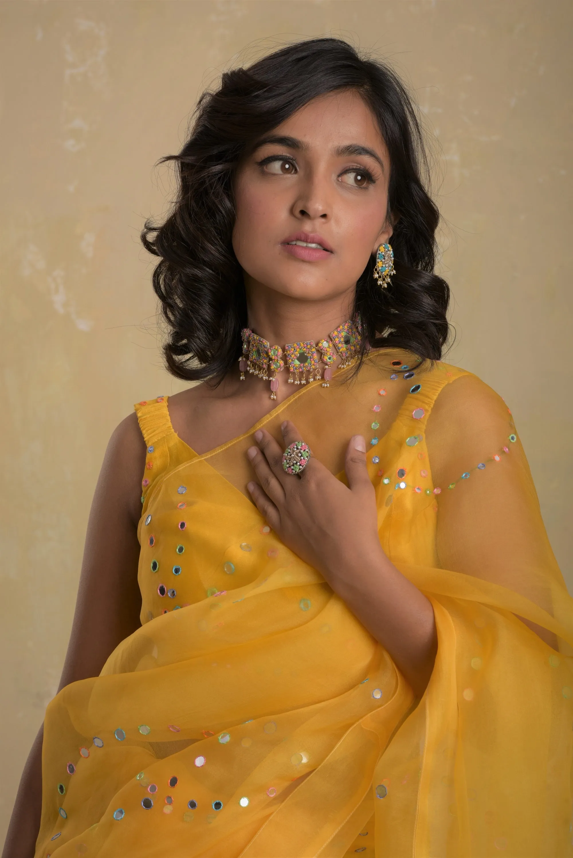 Sunflower Yellow Organza Saree with smocking sleeveless blouse - Set of 2