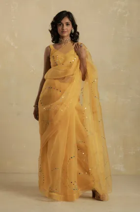 Sunflower Yellow Organza Saree with smocking sleeveless blouse - Set of 2