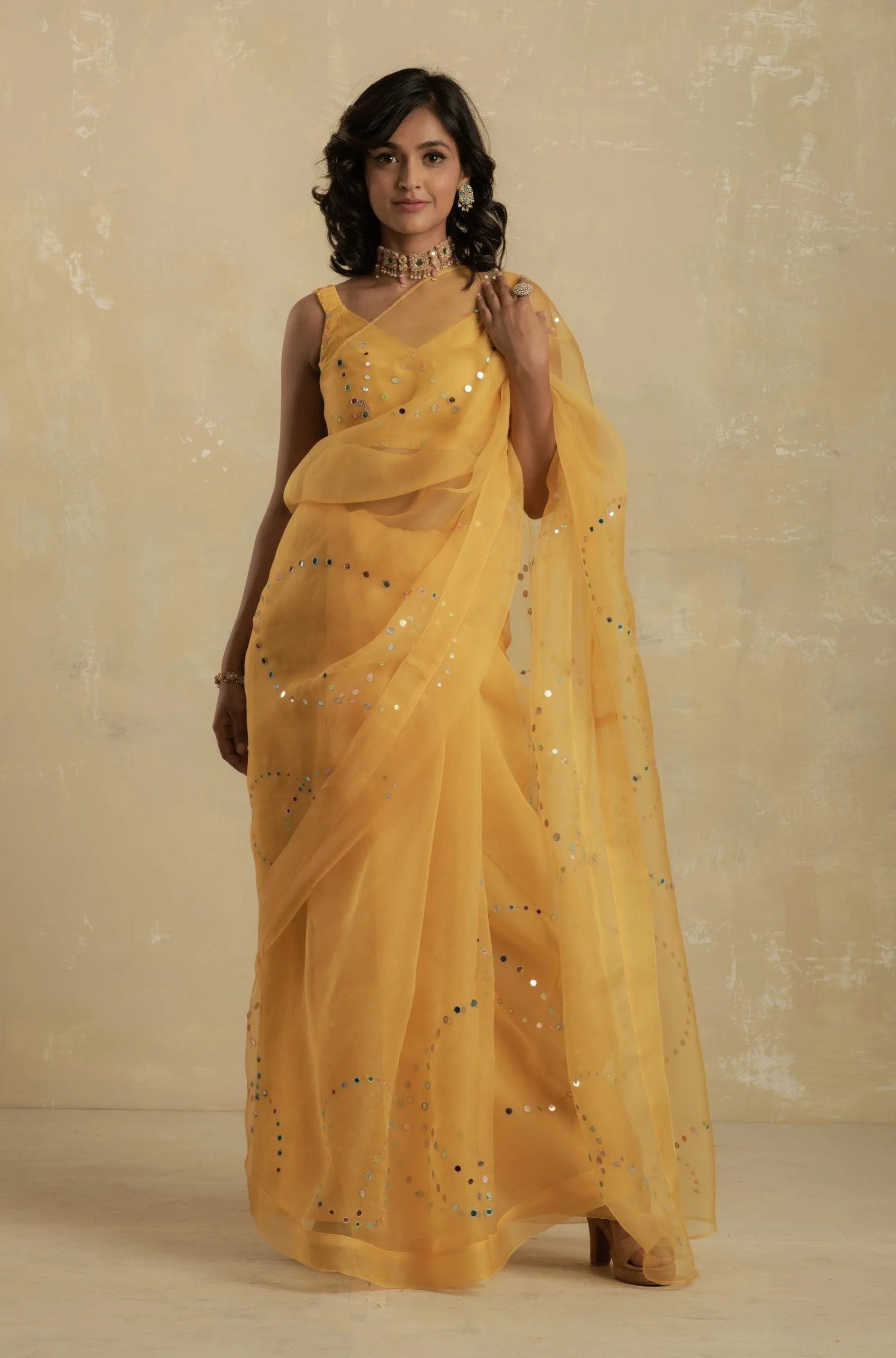 Sunflower Yellow Organza Saree with smocking sleeveless blouse - Set of 2