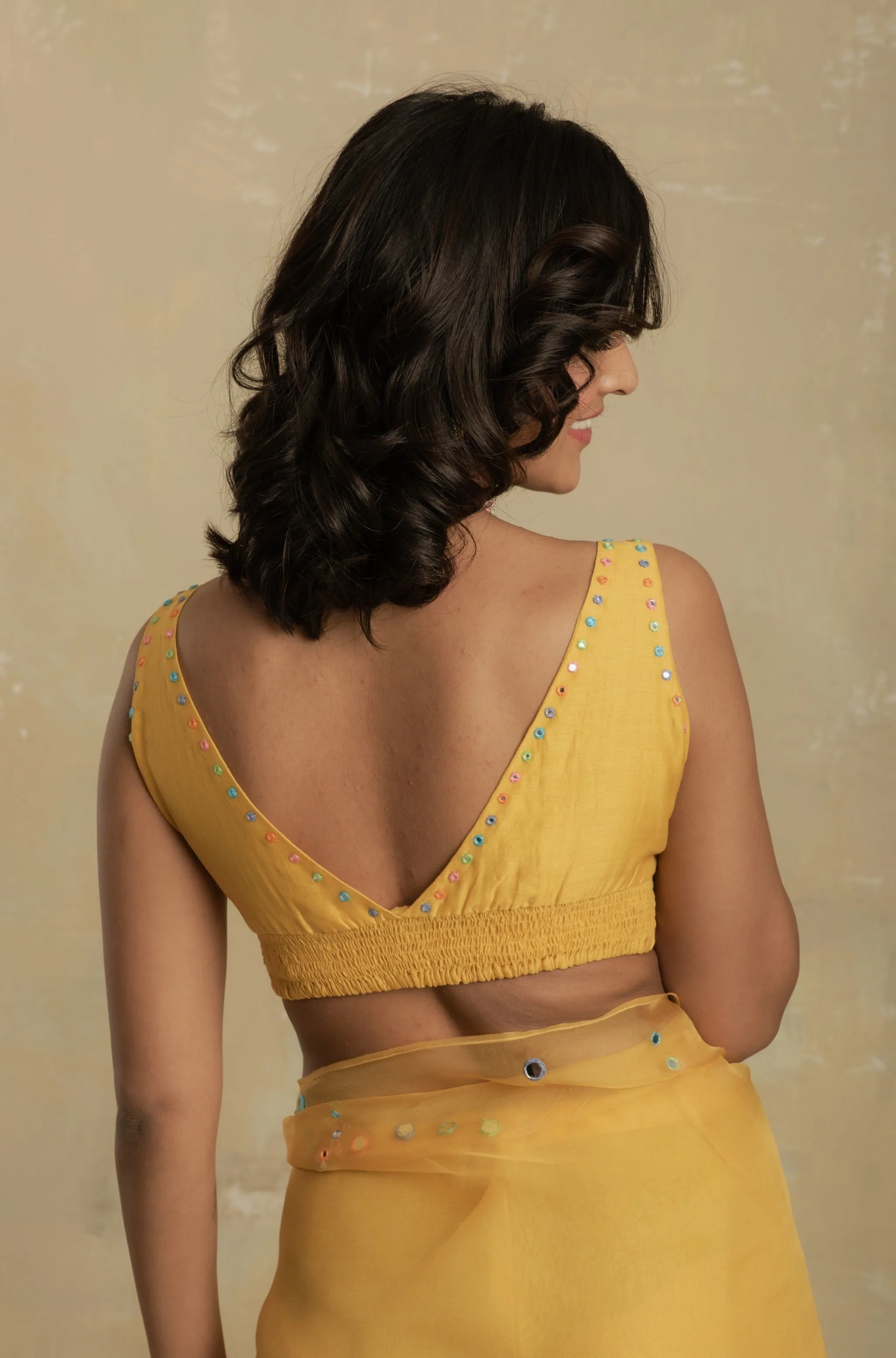 Sunflower Yellow Organza Saree with smocking sleeveless blouse - Set of 2