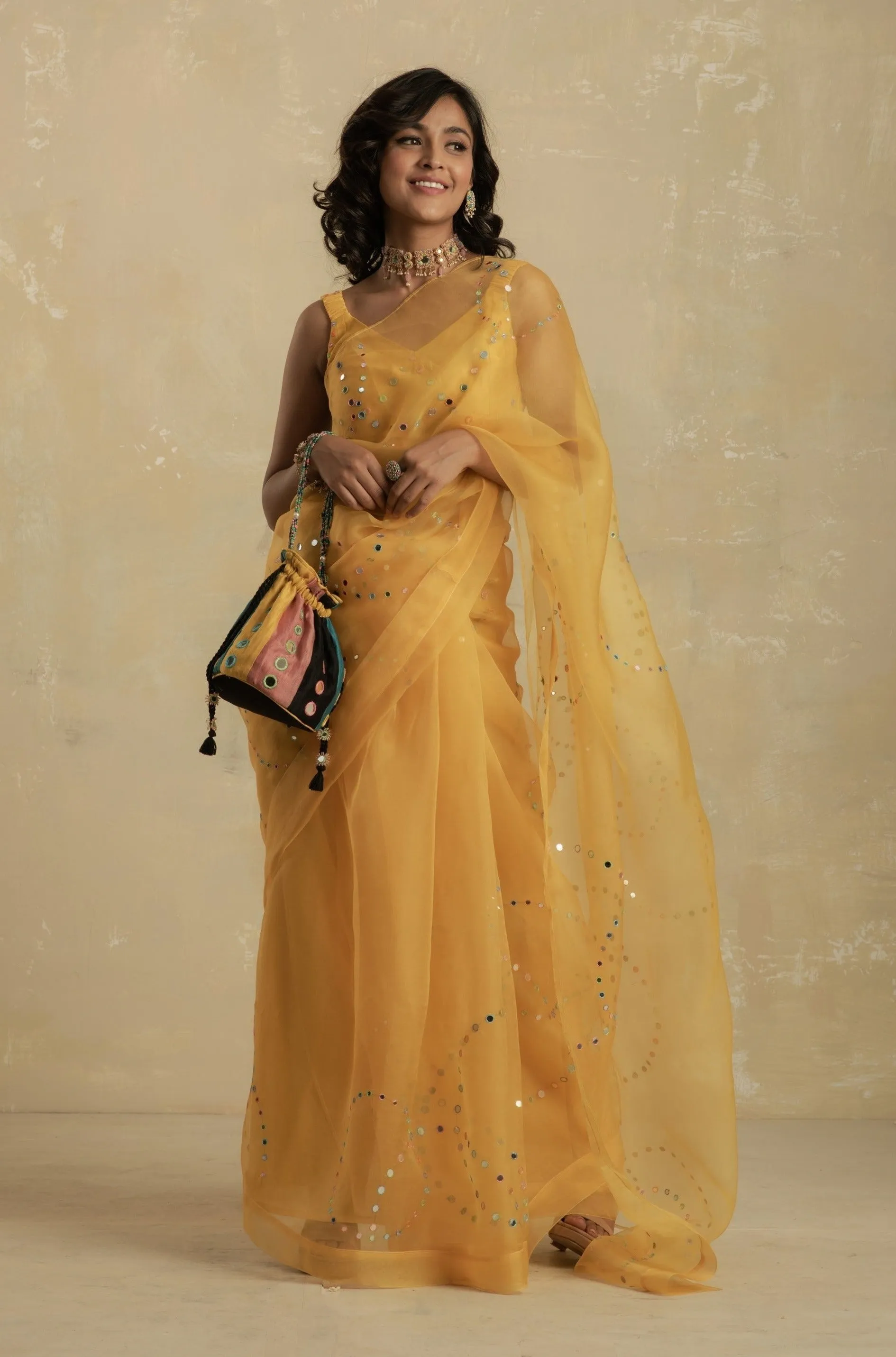 Sunflower Yellow Organza Saree with smocking sleeveless blouse - Set of 2