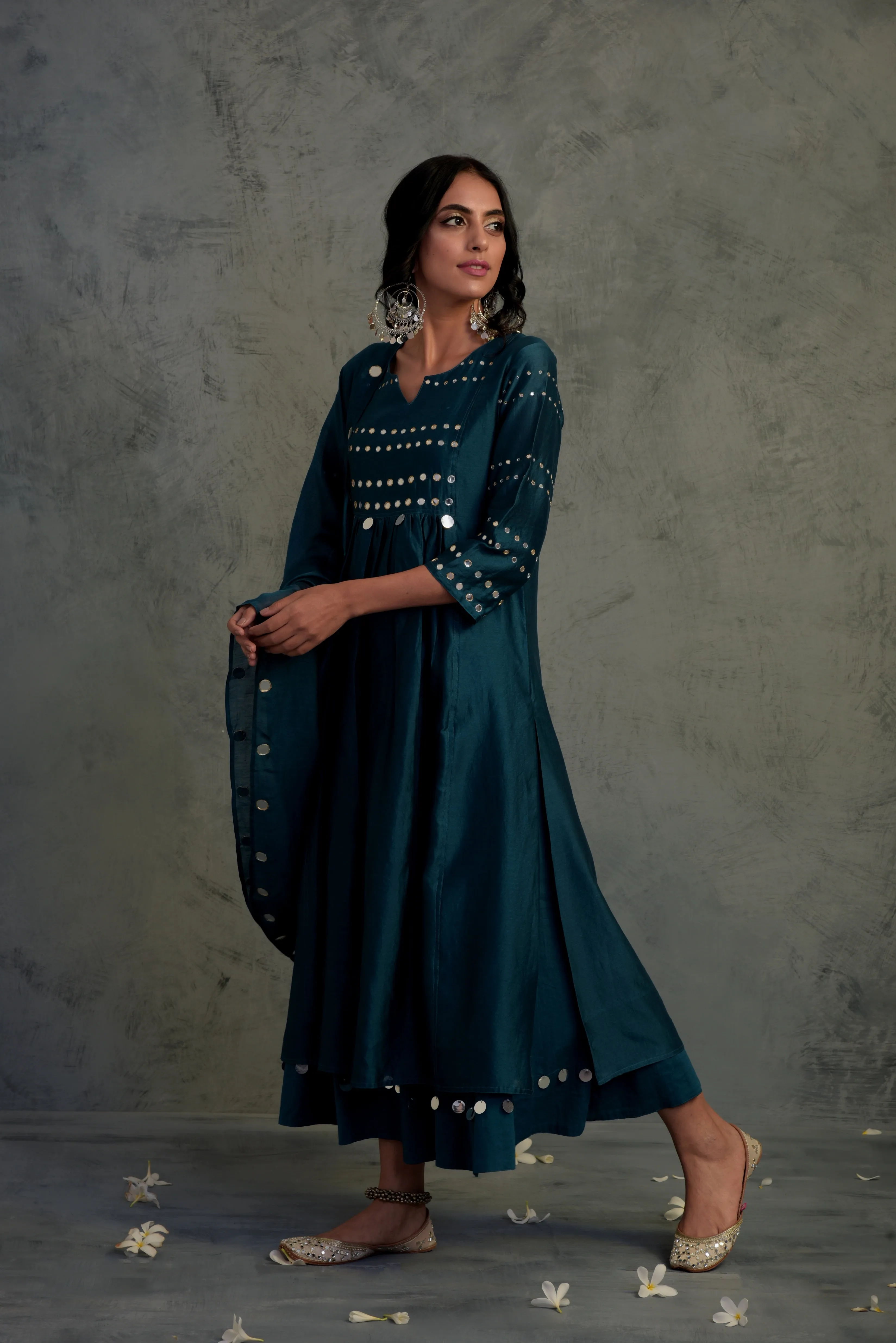 Teal Blue Gathered Kurta Set