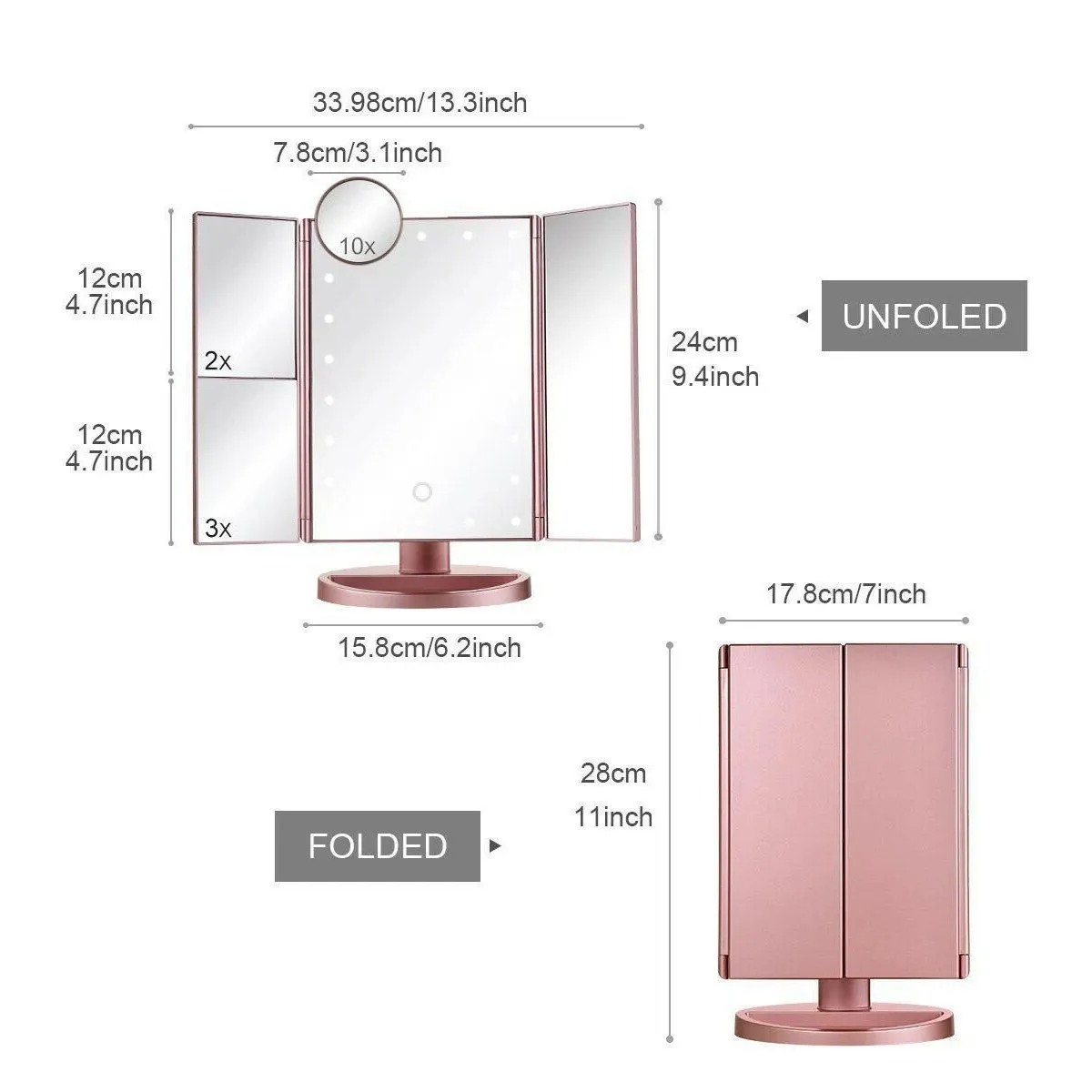 Tri-fold Vanity Makeup LED USB Touch Screen 10X Magnifing Mirror
