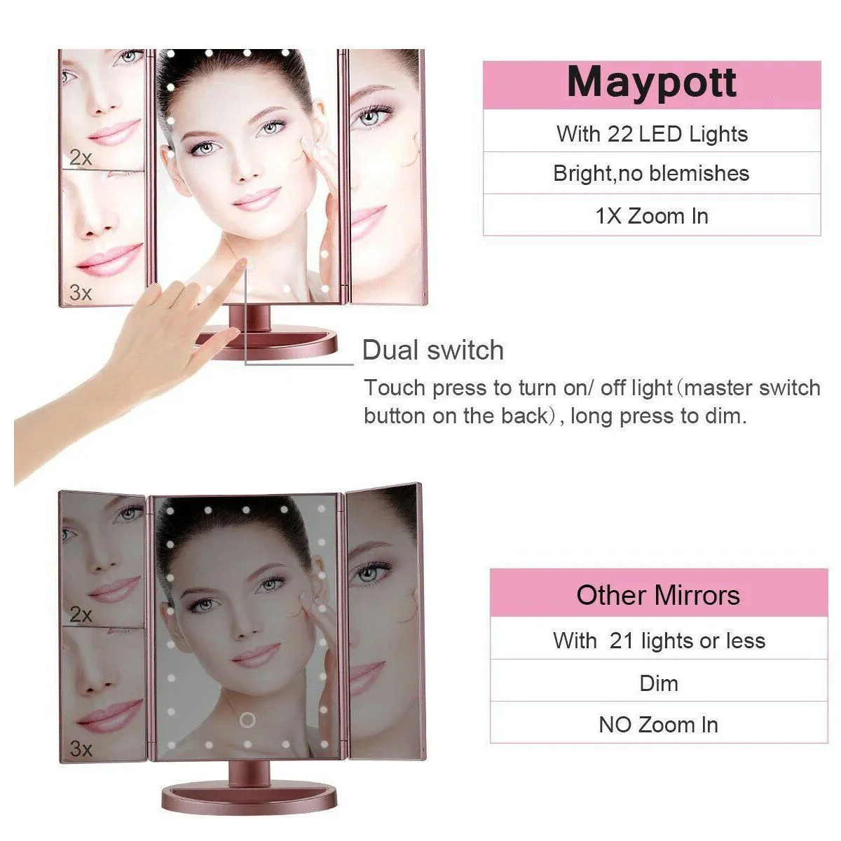 Tri-fold Vanity Makeup LED USB Touch Screen 10X Magnifing Mirror