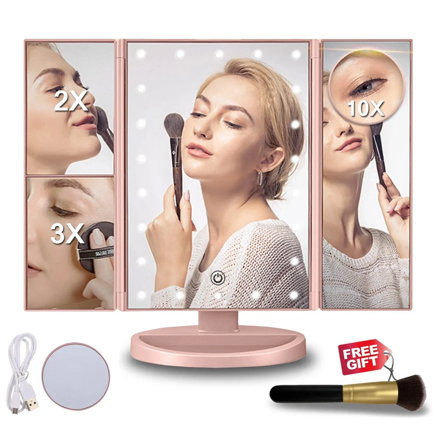 Tri-fold Vanity Makeup LED USB Touch Screen 10X Magnifing Mirror
