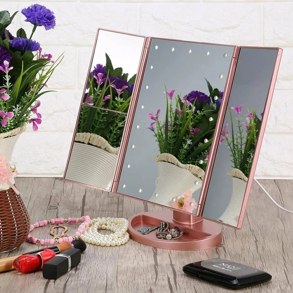 Tri-fold Vanity Makeup LED USB Touch Screen 10X Magnifing Mirror