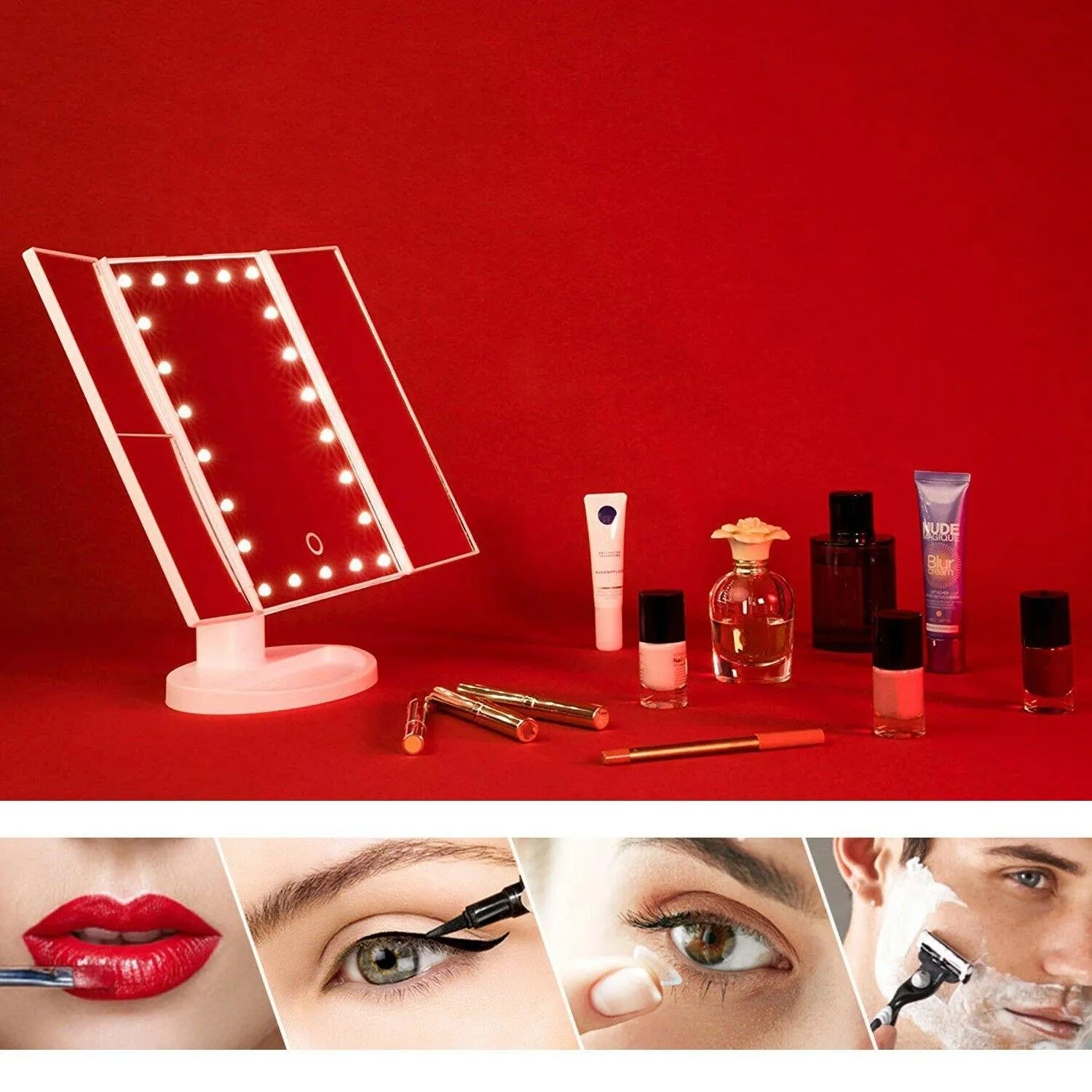 Tri-fold Vanity Makeup LED USB Touch Screen 10X Magnifing Mirror