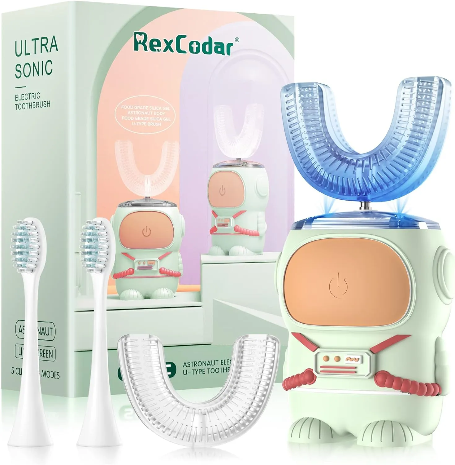 Ultrasonic Kid's U-Shaped Electric Toothbrush, IPX7 Waterproof, Five Cleaning Modes, 60S Smart Reminder (Blue Ages 6-12)