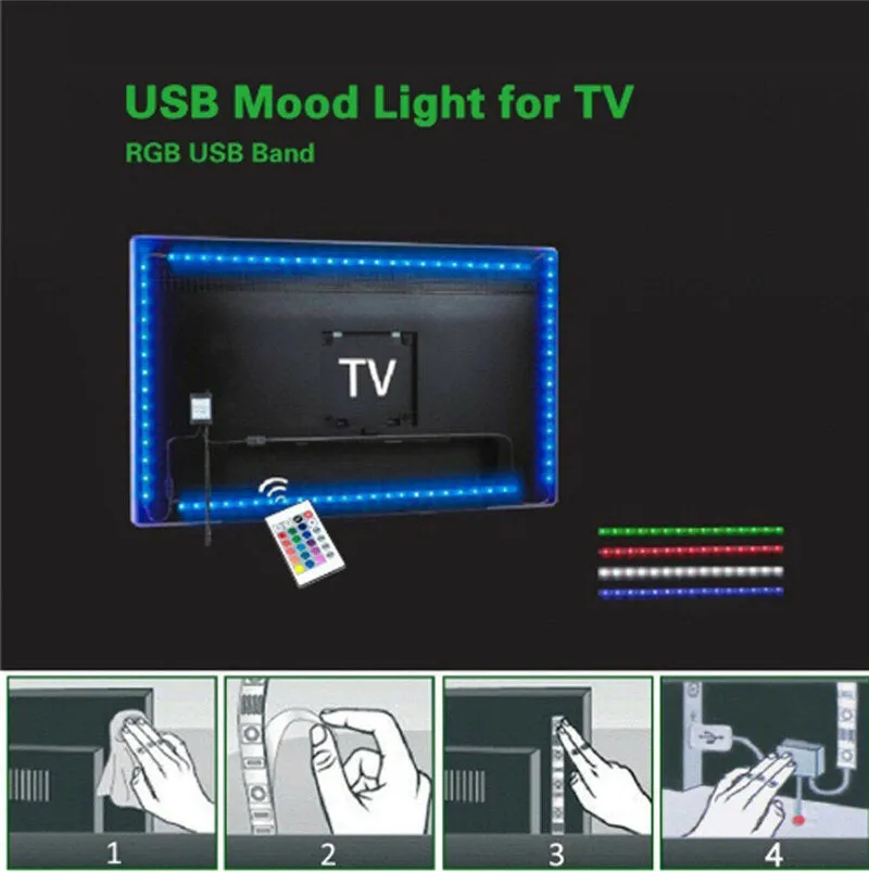 USB LED Strip Light TV Backlight 5050 RGB, 2x50cm   2x100cm, Color Changing with 24/44 Key Remote Control