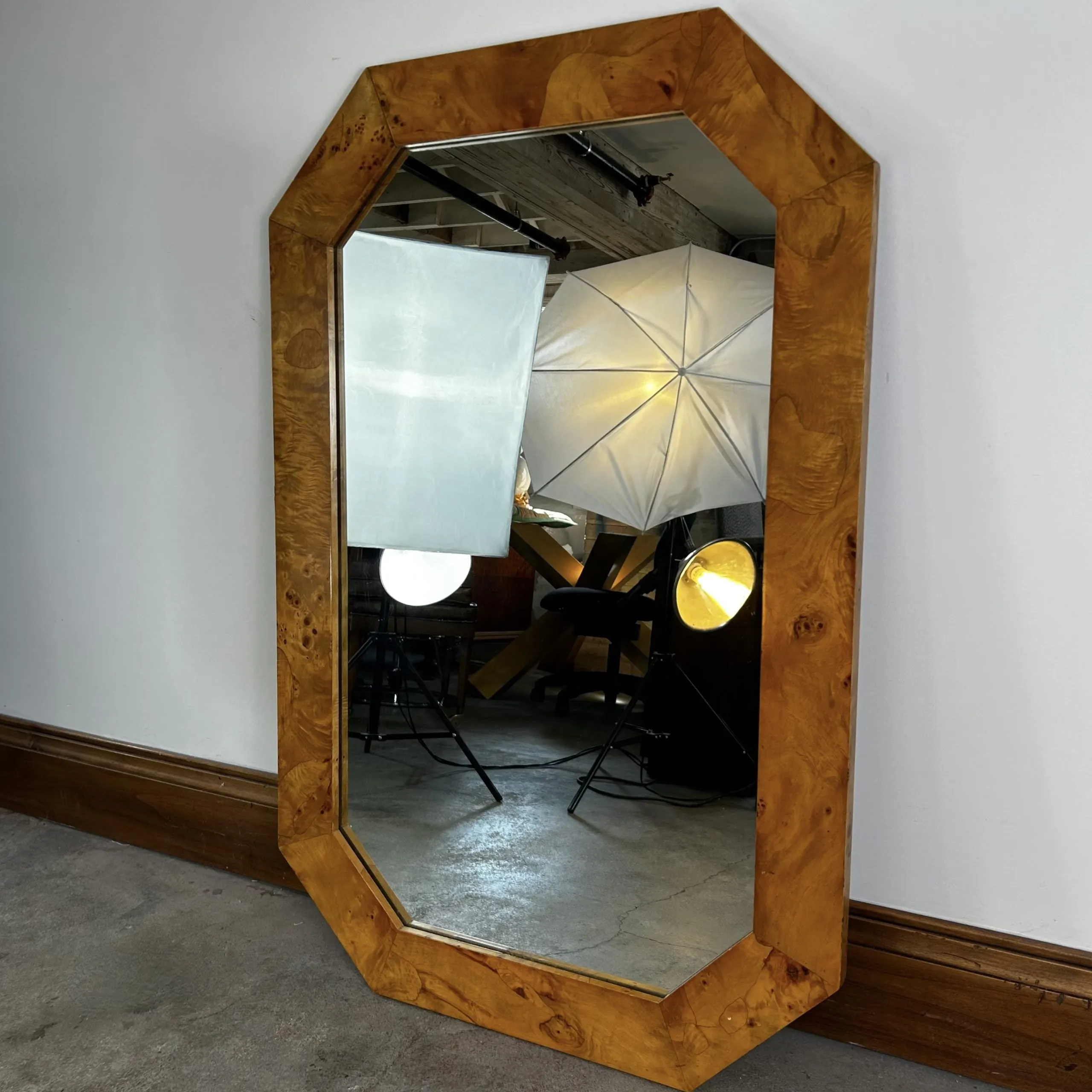 Vintage Italian Burled Wood Octagonal Wall Mirror