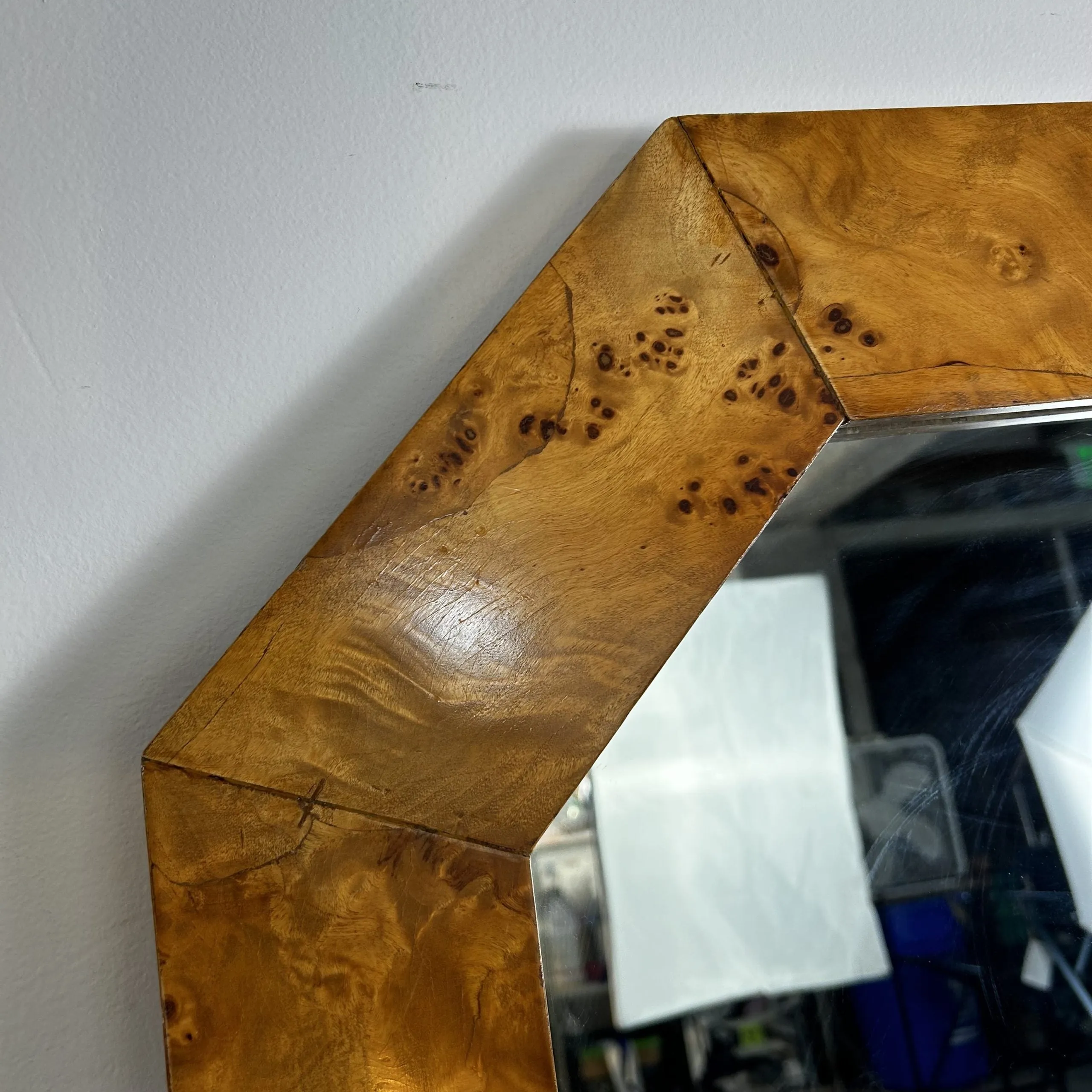 Vintage Italian Burled Wood Octagonal Wall Mirror