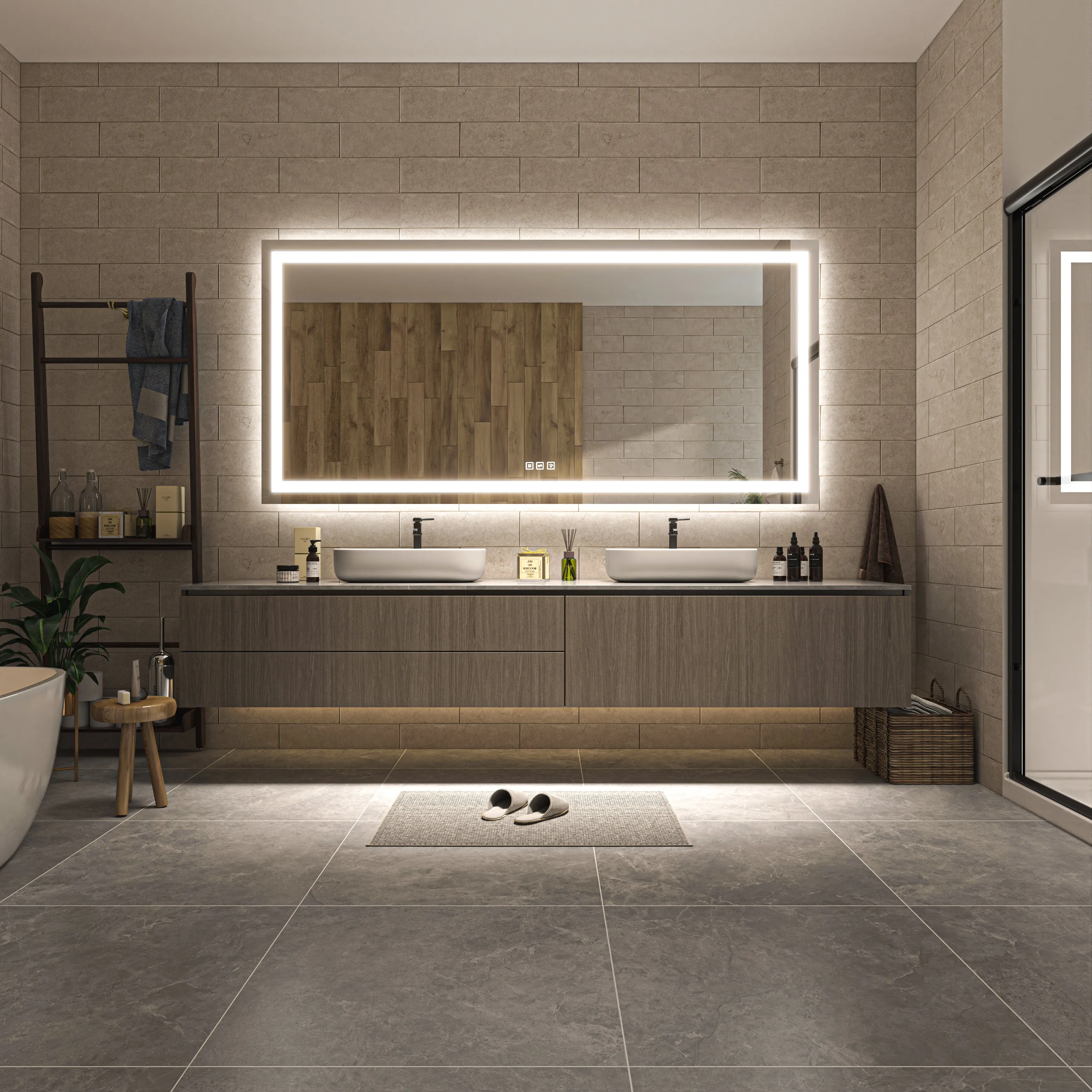 Waterpar®  84 in. W x 40 in. H Rectangular Frameless Wall Bathroom Vanity Mirror with Backlit and Front Light