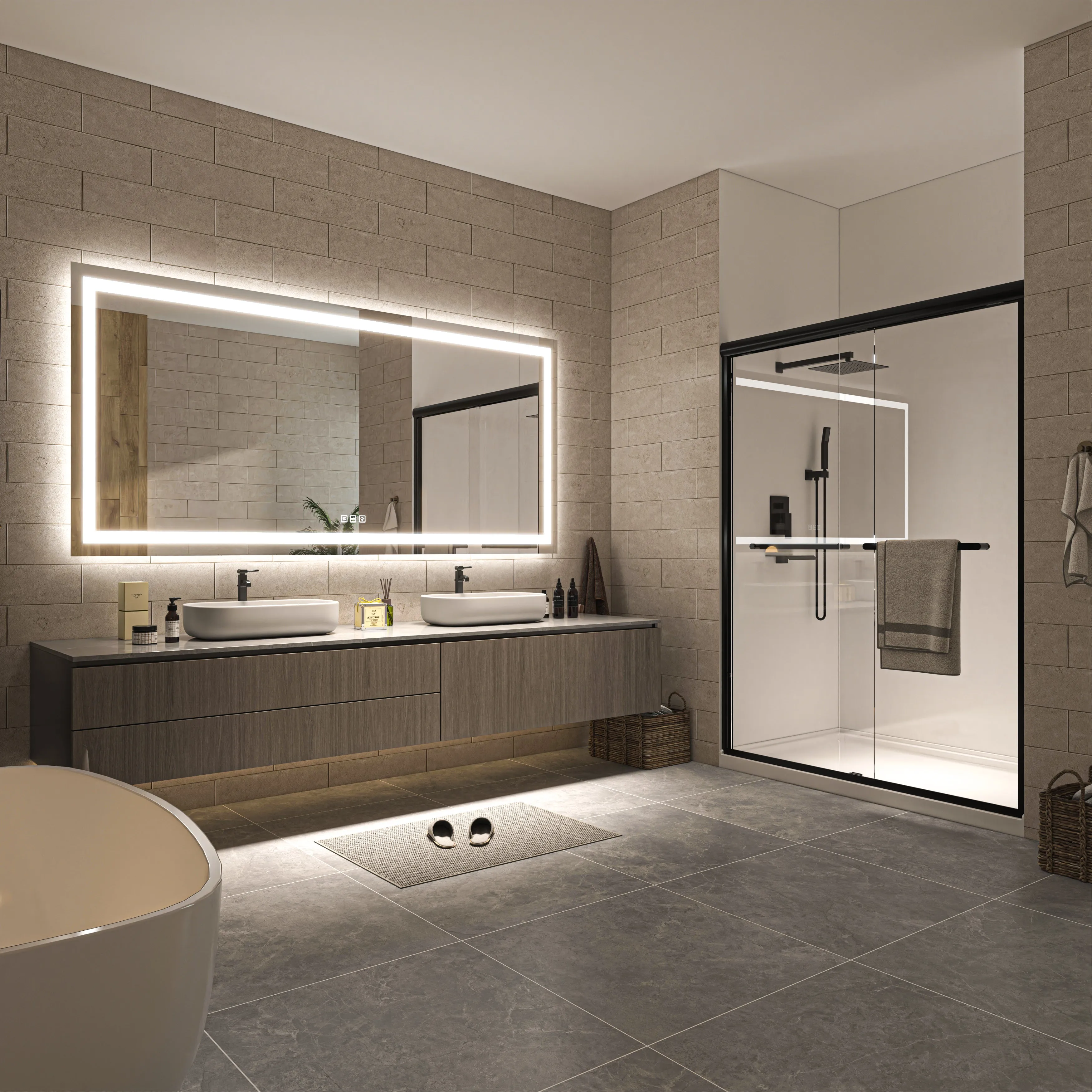Waterpar®  84 in. W x 40 in. H Rectangular Frameless Wall Bathroom Vanity Mirror with Backlit and Front Light