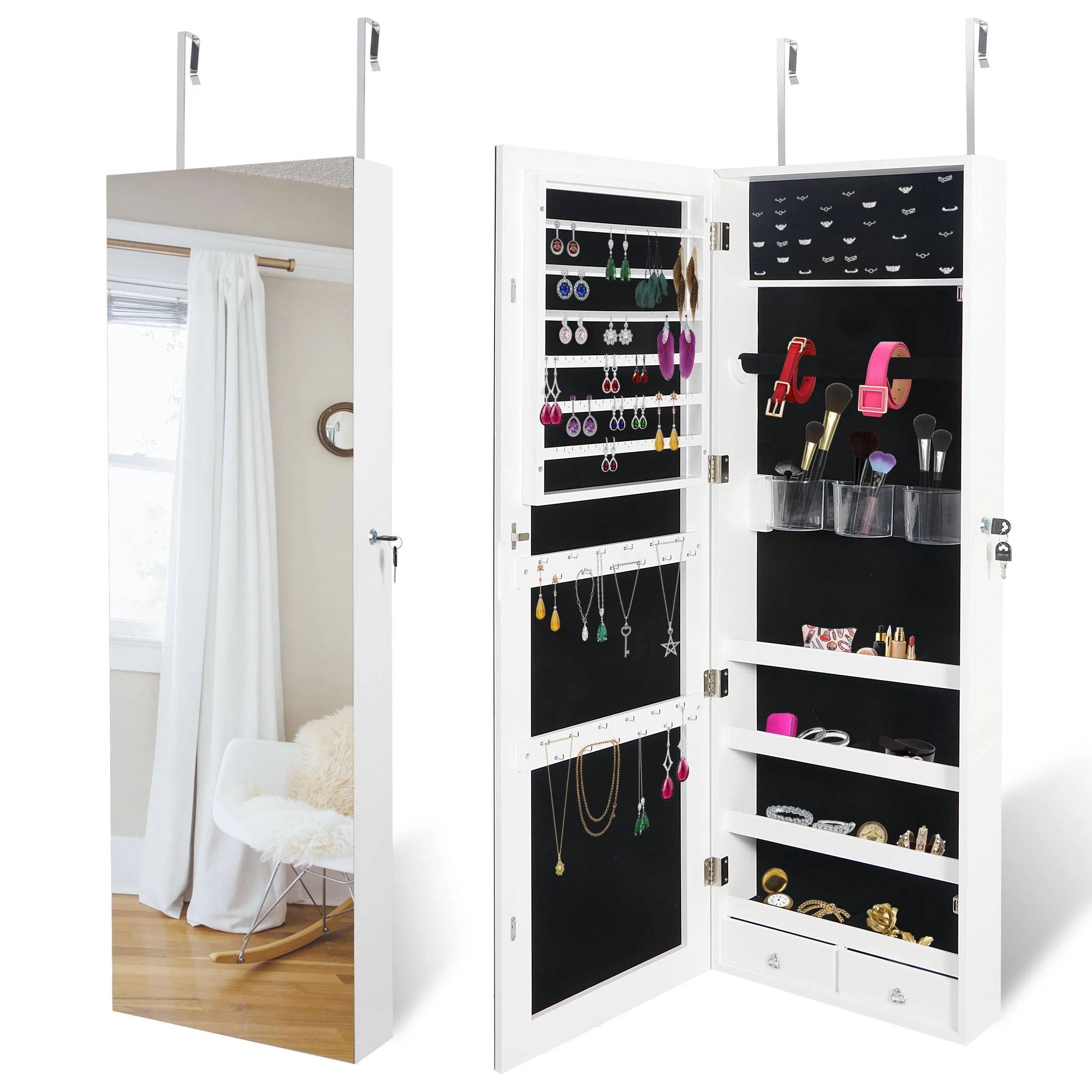 ZENY™ Upgraded 2in1 Jewelry Cabinet 47.3" H Wall/Door Mounted Jewelry Armoire with 6 Shelves 2 Drawers Jewelry Organizer with Full Length Mirror
