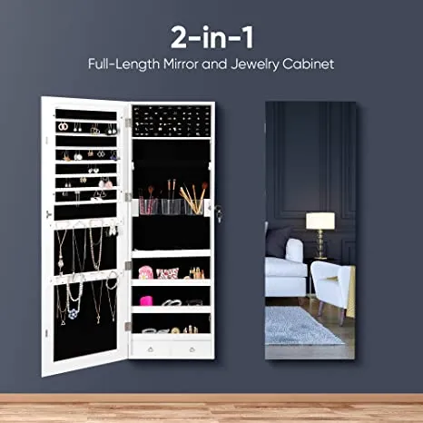 ZENY™ Upgraded 2in1 Jewelry Cabinet 47.3" H Wall/Door Mounted Jewelry Armoire with 6 Shelves 2 Drawers Jewelry Organizer with Full Length Mirror