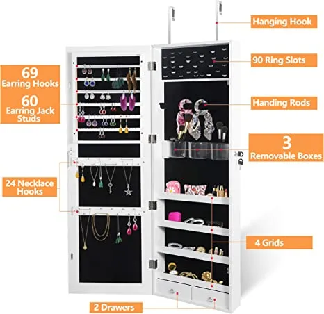ZENY™ Upgraded 2in1 Jewelry Cabinet 47.3" H Wall/Door Mounted Jewelry Armoire with 6 Shelves 2 Drawers Jewelry Organizer with Full Length Mirror