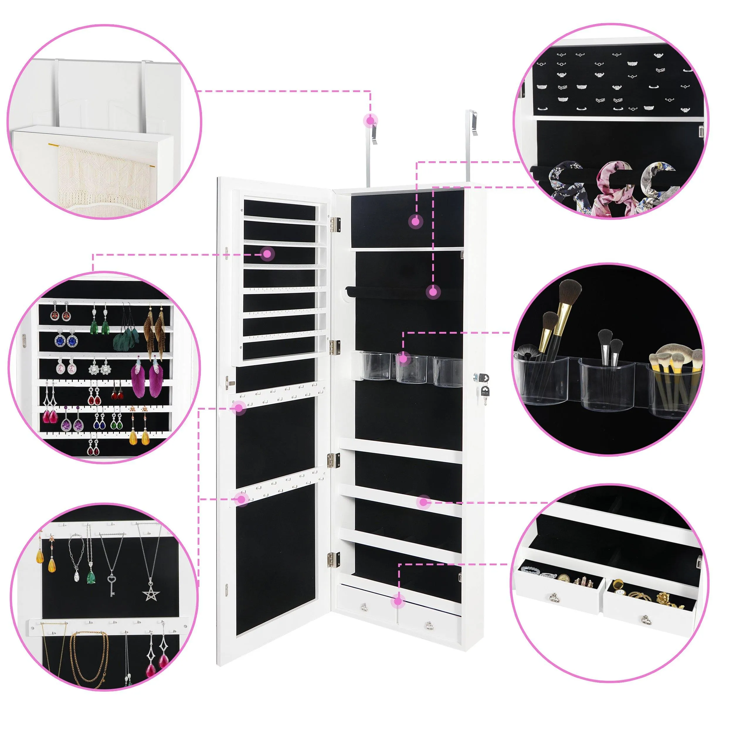 ZENY™ Upgraded 2in1 Jewelry Cabinet 47.3" H Wall/Door Mounted Jewelry Armoire with 6 Shelves 2 Drawers Jewelry Organizer with Full Length Mirror