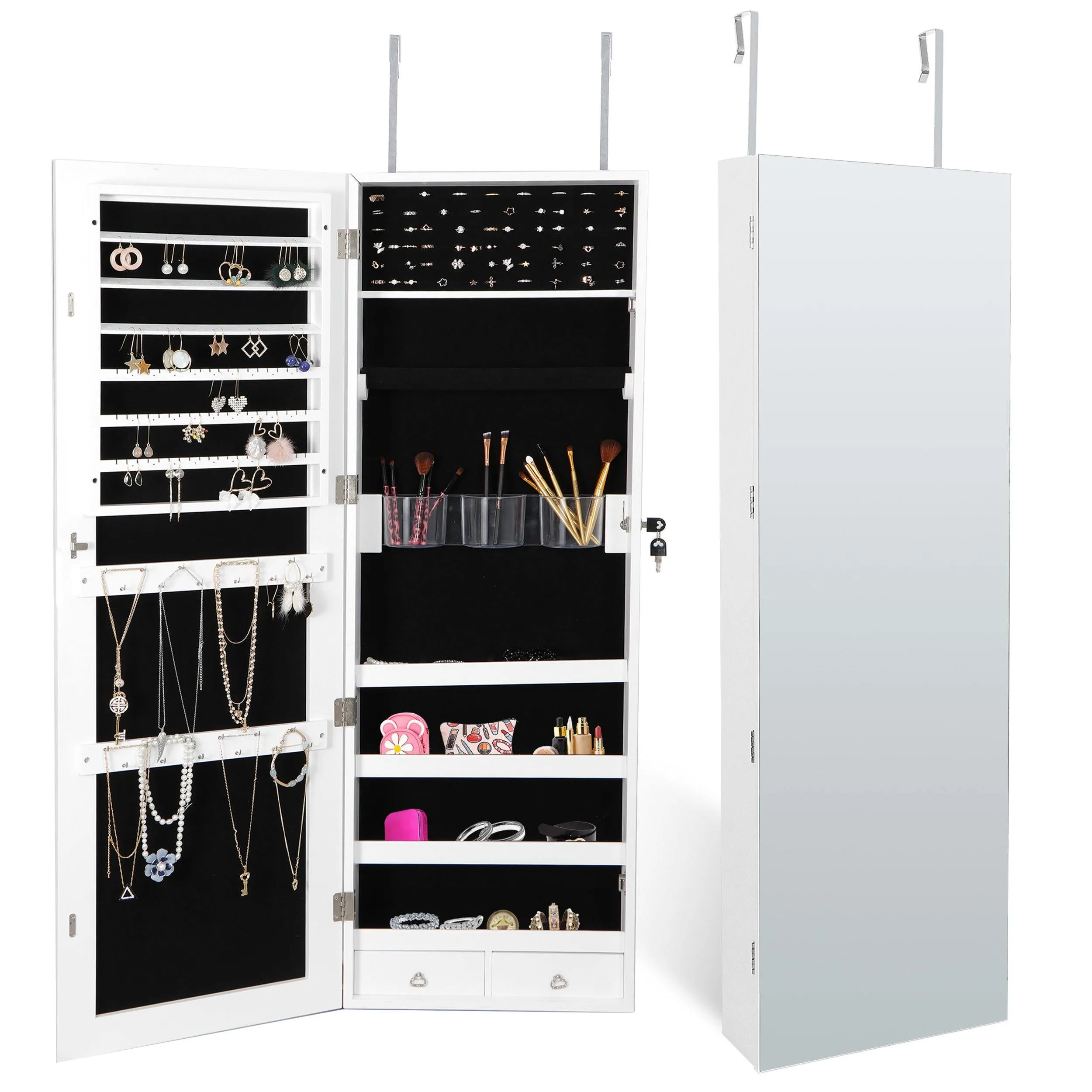 ZENY™ Upgraded 2in1 Jewelry Cabinet 47.3" H Wall/Door Mounted Jewelry Armoire with 6 Shelves 2 Drawers Jewelry Organizer with Full Length Mirror